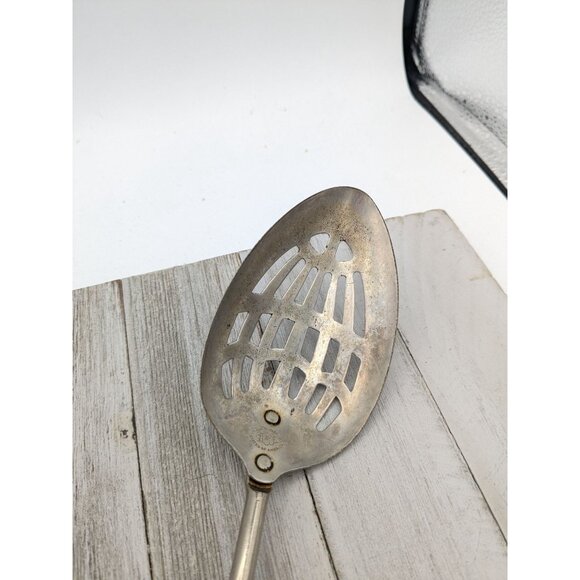 Vintage A&J Slotted Serving Chromium Plated Spoon Wood Handle 12" - Picture 2 of 8